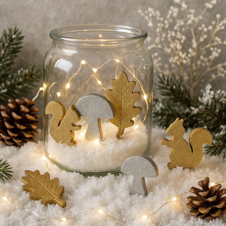 Zestaw DIY „Zimowy Las” – drewniane figurki złote i srebrne + śnieg + szyszki