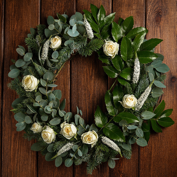 Naturalny Wianek z Połyskującymi Liśćmi i Białymi Akcentami – Elegancja w Zimowym Stylu