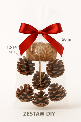 Zestaw DIY GrandDeco – 6 dużych szyszek Pinus 12–14 cm + sznurek jutowy 50 m – naturalne dekoracje świąteczne, ozdoby rustykalne