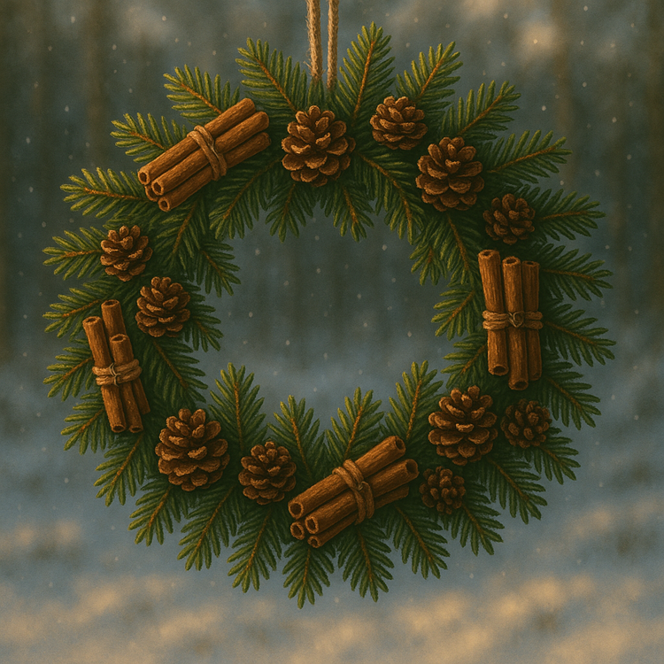 Wianek 25 cm z prawdziwego igliwia – szyszki i cynamon, leśny styl