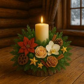 Stroik świąteczny 20 cm – igliwie, czerwono-kremowo-złota kompozycja z różami, poinsecjami, storczykami, szyszkami i lotosami