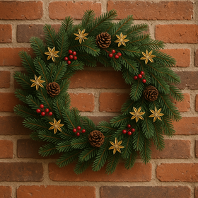 Subtelny wianek świąteczny 25 cm z prawdziwego igliwia – szyszki, złoty anyż i czerwone ozdoby