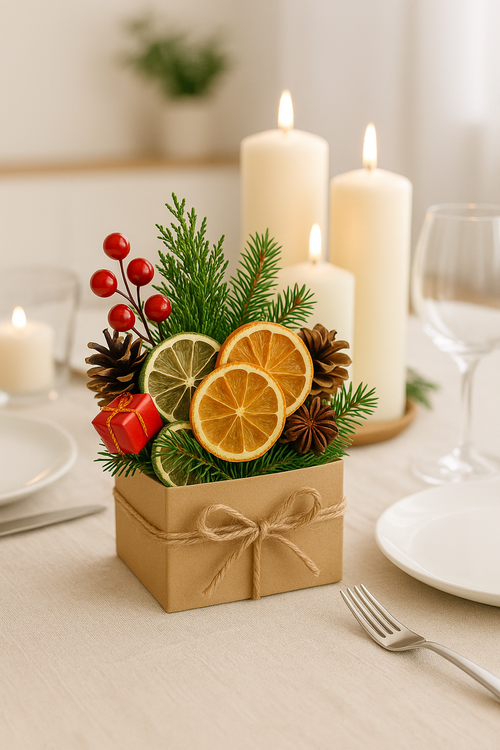 Stroik Świąteczny w Pudełku • Naturalne Dekoracje • Pomarańcze, Szyszki, Zieleń