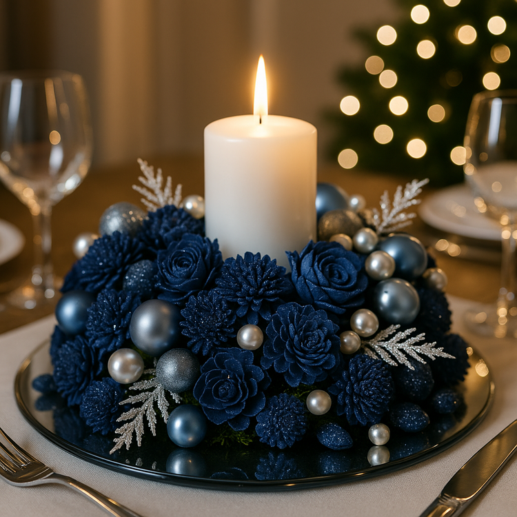   Granatowo-srebrna dekoracja świąteczna ze świecą – elegancka kompozycja na stół