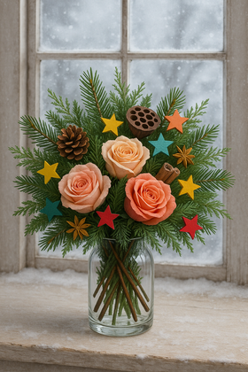 Bukiet świąteczny 30 cm – mix gałązek (choinka, tuja, sosna), róże, szyszki, lotosy, cynamon i kolorowe gwiazdki