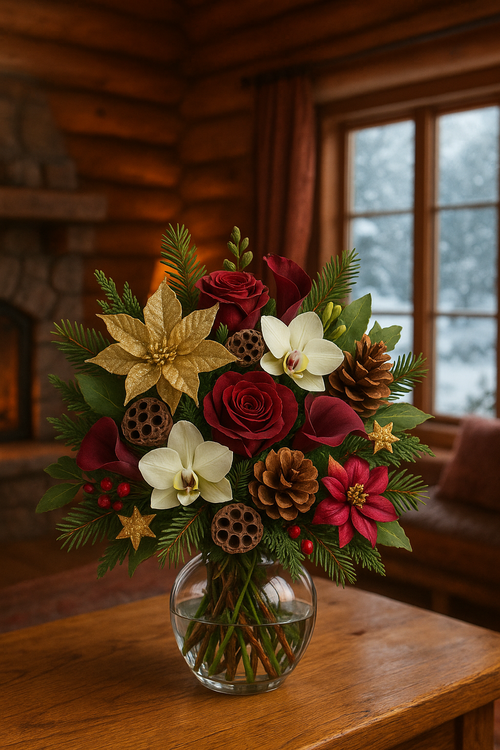 Okazały bukiet świąteczny – iglaste gałązki, róże, storczyki, poinsecje, szyszki i lotosy w kolorach zieleni, brązu, kremu, złota i bordo