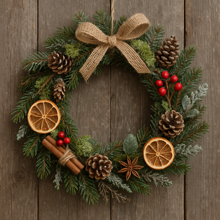 Naturalny wianek świąteczny z prawdziwego igliwia – zestaw DIY 25 cm | Tuja, cis, sosna, świerk