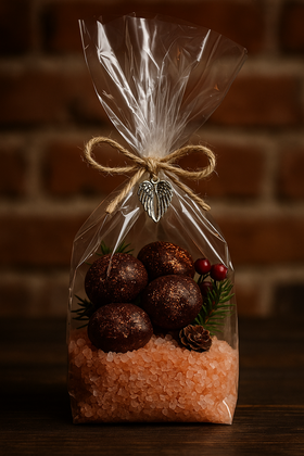 Dekoracja świąteczna w celofanie – kasztany brokatowe + sól himalajska – gotowa na prezent