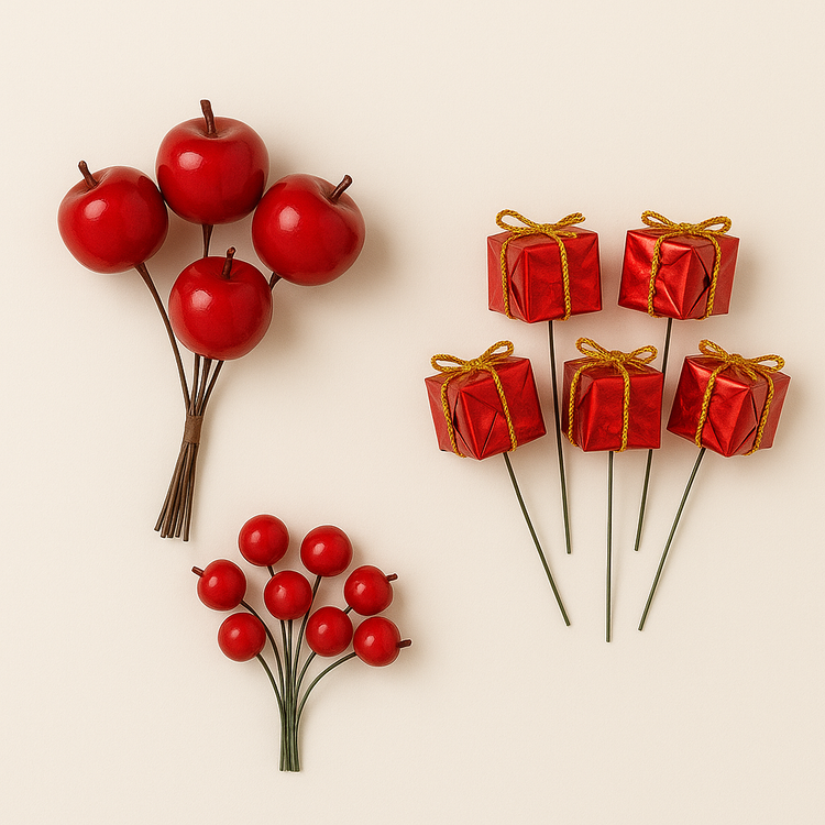 Zestaw DIY Czerwone Dodatki Świąteczne – Jabłuszka duże i małe, Prezenciki na druciku 6 szt. Dekoracje do stroików, wianków, choinek