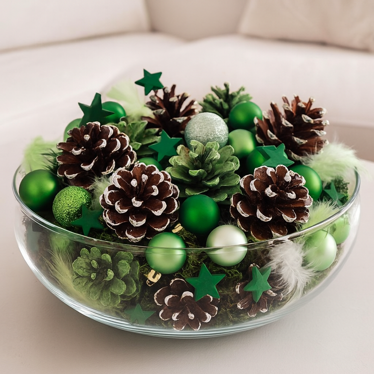 Zestaw Dekoracyjny Zielony 1 L – Szyszki, Mech, Drewniane Gwiazdki i Bombki | Naturalna Zimowa Kompozycja do Naczyń i Stroików