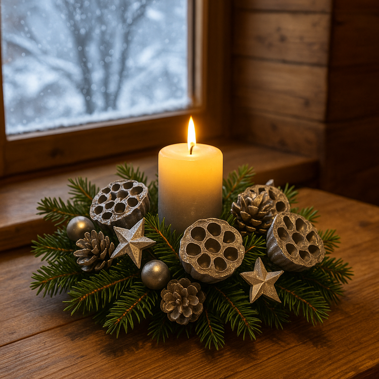 Stroik świąteczny na stół 20–30 cm – naturalne igliwie, szyszki, lotosy, zimowe dodatki