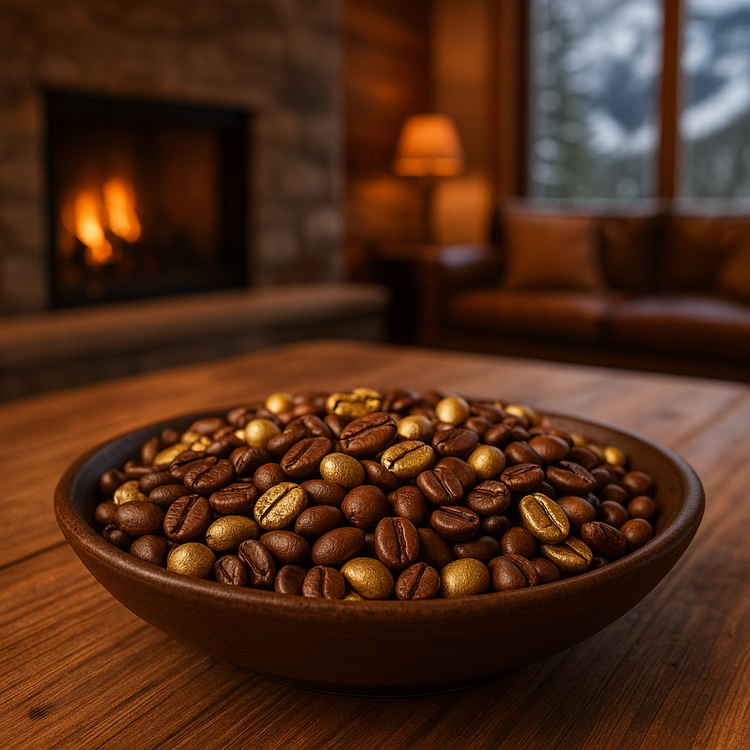 Dekoracja świąteczna – mix ziaren kawy brązowych i złotych w celofanie z kokardką | 100 g