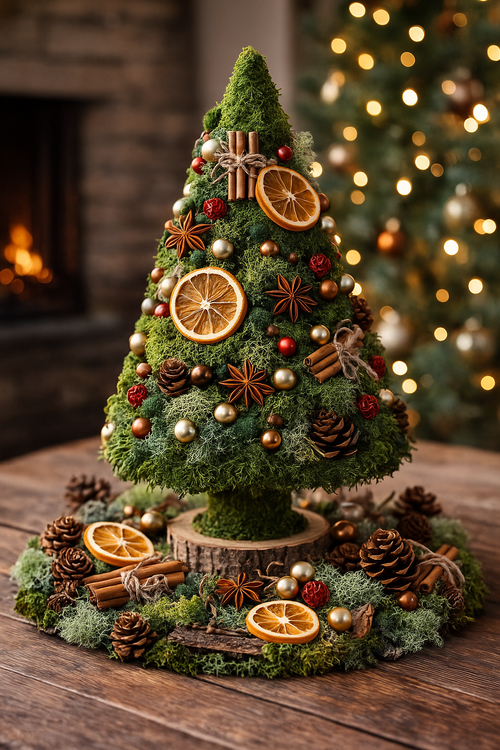 Leśna Choinka z Mchu 24 cm + komplet naturalnych dekoracji DIY