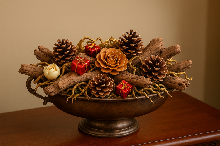 Naturalna dekoracja świąteczna z korzeni, mchu i dodatków