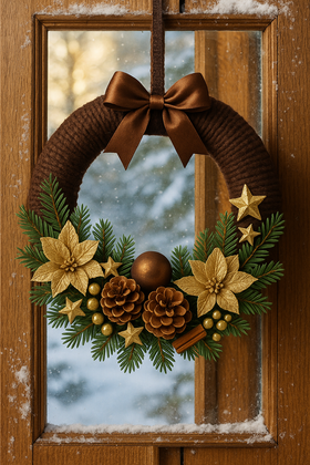 Wianek świąteczny brązowo-złoty z juty, szyszek i poinsecji z zielonymi gałązkami