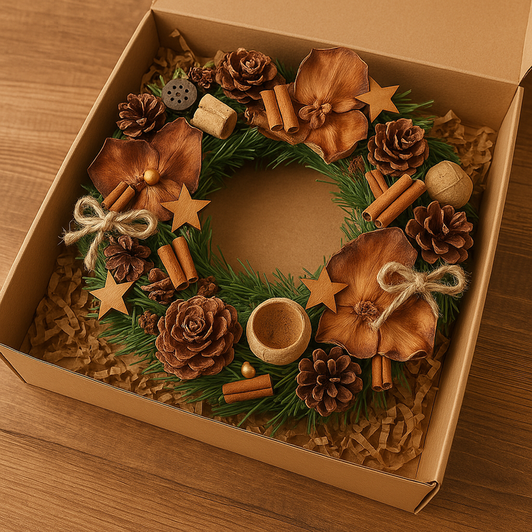 Naturalny wianek świąteczny 25–30 cm w pudełku prezentowym z okienkiem – rustykalna kompozycja GrandDeco