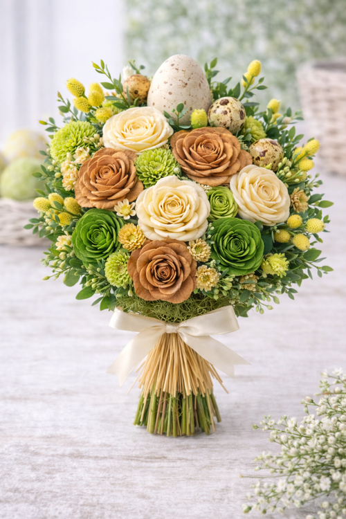 Kwiaty shola mix naturalny GrandDeco – zieleń, krem, jasny brąz | 60 szt. | dekoracje wielkanocne & DIY