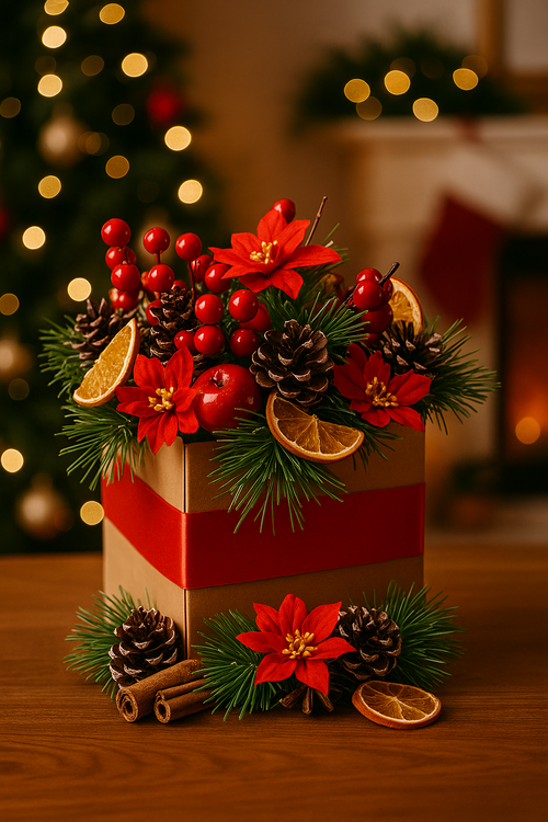 Świąteczny Stroik Prezentowy 25 cm – Kompozycja z Poinsecją, Cynamonem, Szyszkami i Cytrusami, zapakowana w elegancki celofan z kokardą