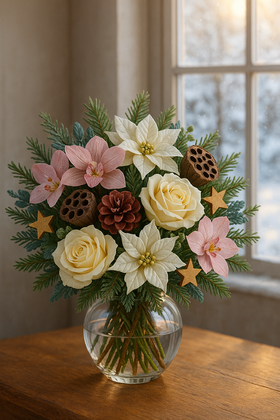 Bukiet świąteczny z igliwia – róże, lotosy, szyszki, storczyki i gwiazda betlejemska