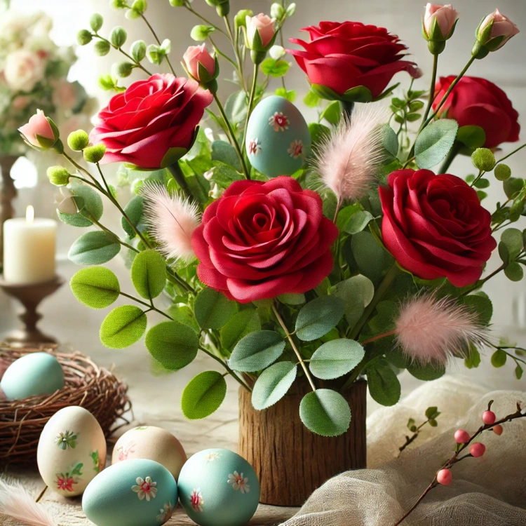 Ozodby do wiosennych dekoracji Sztuczny kwiat czerwona róża na łodydze 