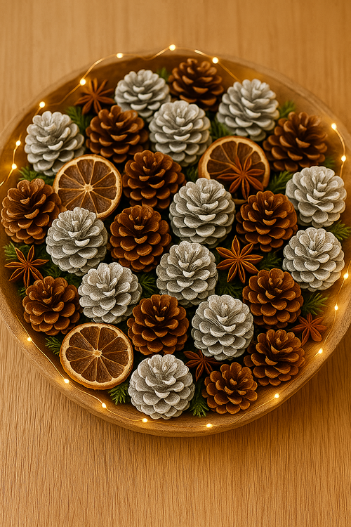 Zestaw 60 szyszek dekoracyjnych – bielone i naturalne brązowe