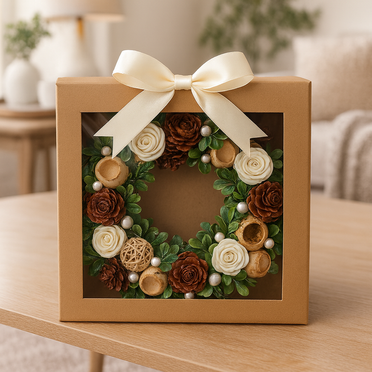 Wianek prezentowy 25–30 cm w pudełku z okienkiem – naturalna dekoracja świąteczna GrandDeco
