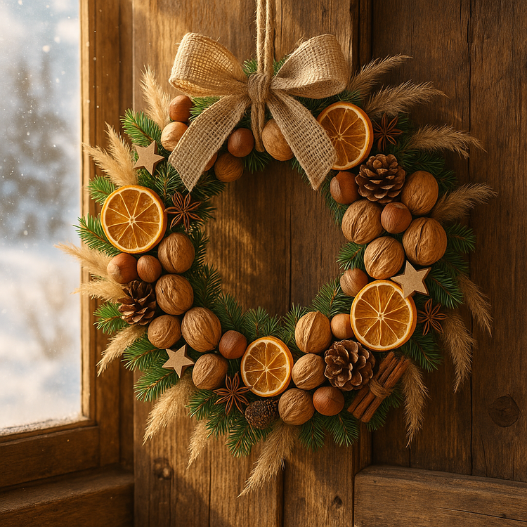 Wianek Świąteczny z Orzechami i Suszonymi Pomarańczami 30 cm – Rustykalna Dekoracja GrandDeco
