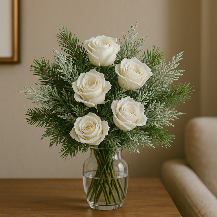 Zimowy Bukiet z 5 Ośnieżonych Róż i Bielonej Zieleni Iglastej