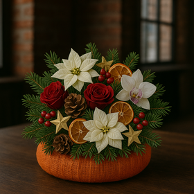 Stroik świąteczny 25 cm – na pomarańczowym wianku jutowym ze storczykami, różami, poinsecjami i suszonymi pomarańczami