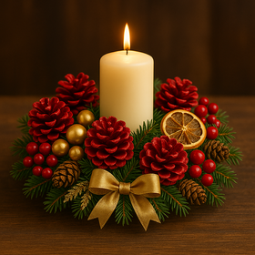 Stroik na naturalnym igliwiu ze świecą kremową – szyszki czerwone, pomarańcze, praca ręczna, GrandDeco