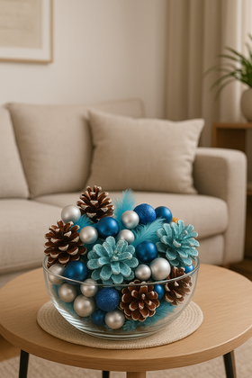 Zimowy Zestaw Dekoracyjny 1 L – Szyszki, Bombki i Pióra w Odcieniach Błękitu i Srebra | Elegancka Dekoracja do Naczyń i Aranżacji Świątecznych