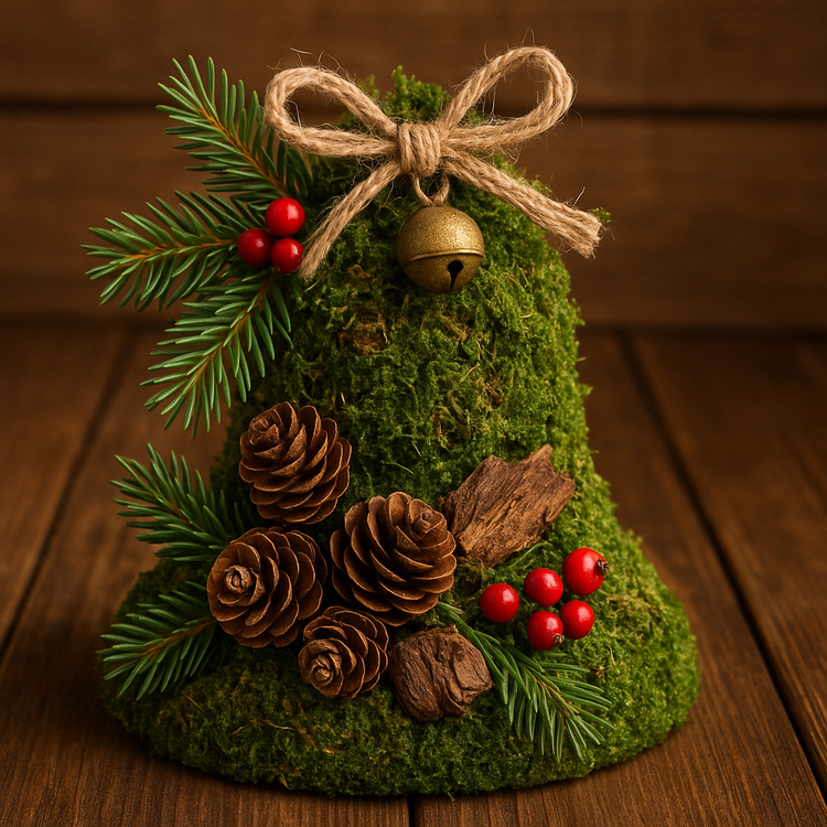 Leśny Dzwonek Świąteczny z Mchem, Szyszkami i Gałązkami – dekoracja bożonarodzeniowa handmade 18 cm