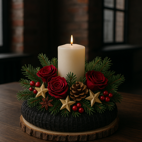 Stroik świąteczny ze świecą 20 cm – na plastrze brzozowym z jutowym wiankiem, czerwonymi różami i gałązkami iglastymi