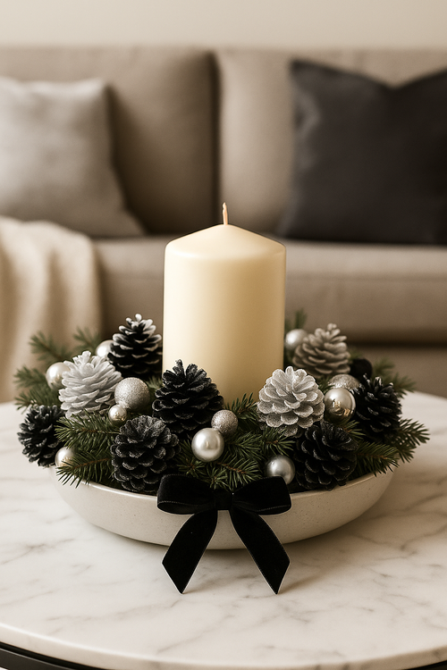 Szyszki dekoracyjne czarne i srebrne GrandDeco – 60 szt. eleganckie ozdoby w stylu glamour do stroików, wianków i dekoracji zimowych