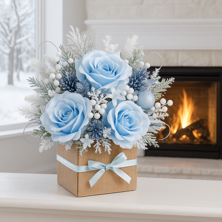 Zimowa dekoracja w pudełku z niebieskimi różami – prezent świąteczny handmade 20–25 cm