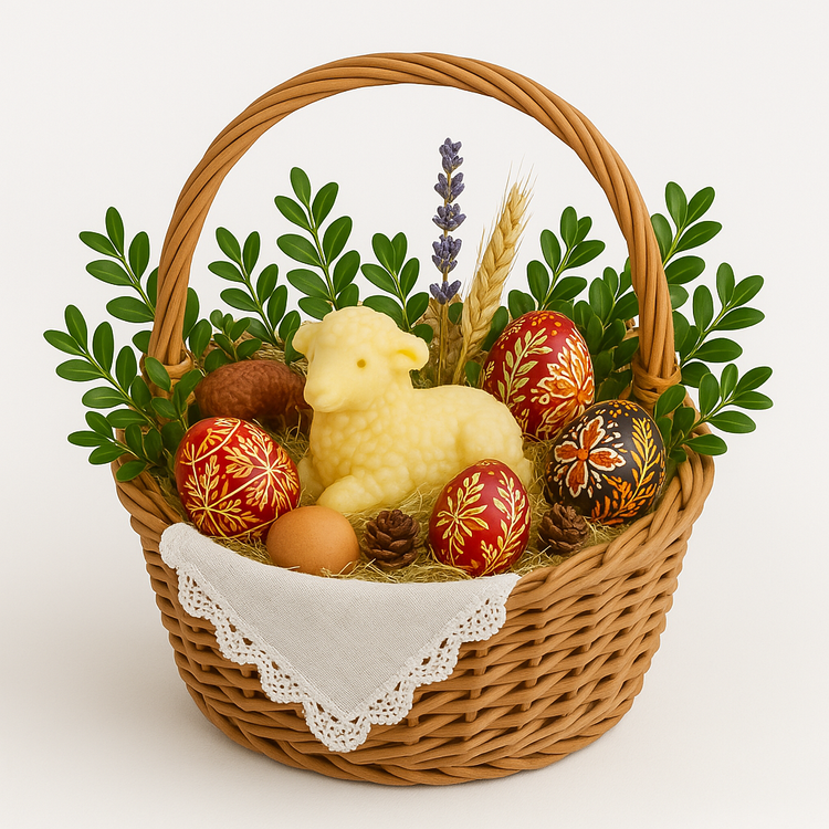 Naturalna dekoracja wielkanocna w woreczku prezentowym – sianko, szyszki, lawenda, kłosy i piórka