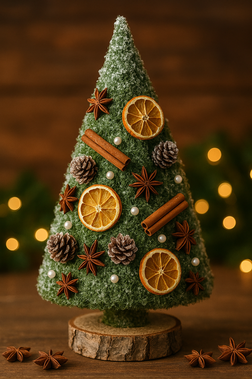 Choinka z mchu 24 cm na plastrze brzozy z cynamonem, pomarańczami i anyżem – idealna na prezent firmowy