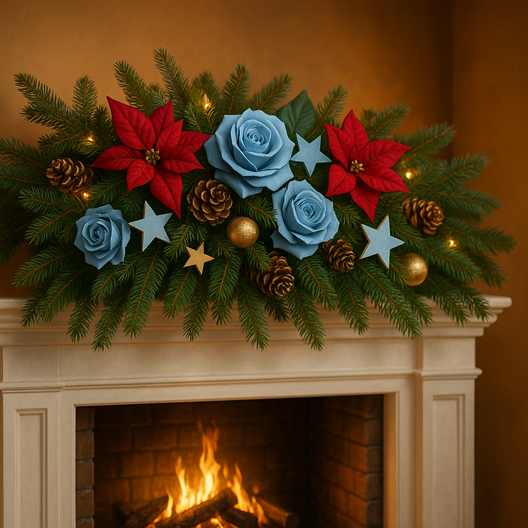 Dekoracja świąteczna 1 m z prawdziwego igliwia – róże niebieskie, czerwone poinsecje, szyszki i światełka LEDone gwiazdy betlejemskie, róże, szyszki i jutowa kokardazyki i gwiazda betlejemska