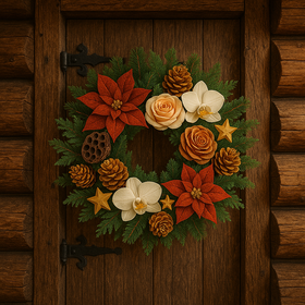 Wianek świąteczny na drzwi z igliwia – czerwono-kremowo-złoty, z poinsecjami, różami, storczykami, szyszkami i lotosami