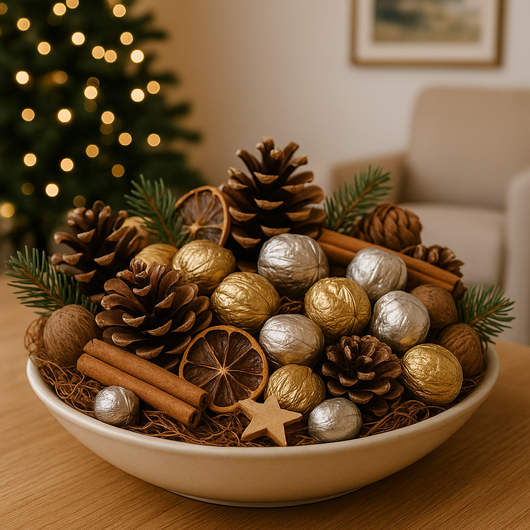 Świąteczna dekoracja do naczynia – złote i srebrne orzechy, szyszki, cynamon, suszone plastry