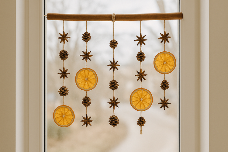 Zestaw DIY – Naturalna Girlanda z Cynamonu 40 cm, Pomarańczy, Anyżu i Szyszek | Makrama i Dekoracje Ścienne / Okienne