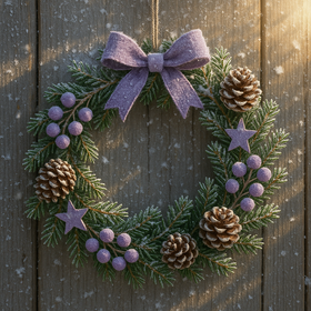 Wianek rustykalny 25 cm – prawdziwe gałązki, szyszki, juta i fioletowe dodatki