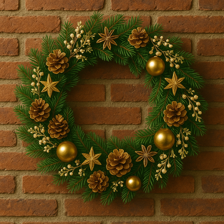 Wianek świąteczny 25 cm na igliwiu – złote dodatki, szyszki, gałązki, anyż i bombki 