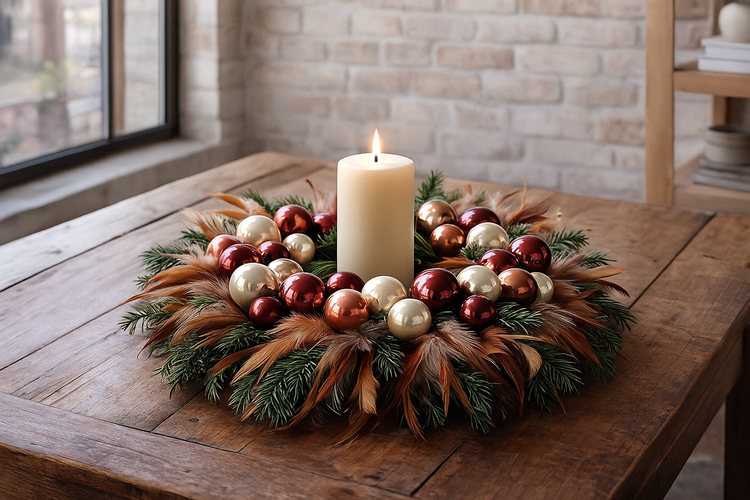 Świąteczny Wianek ze Świecą 25–30 cm – Kolekcja GrandDeco – Naturalny, Elegancki Stroik na Stół