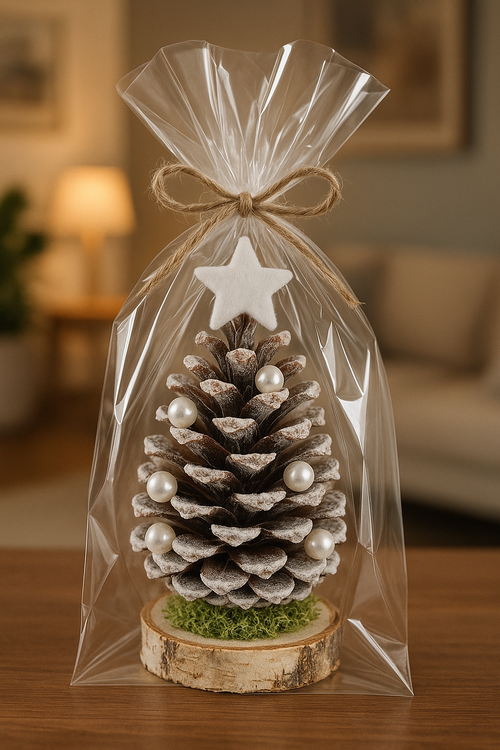 Elegancka Szyszka Świąteczna w Formie Prezentu – z Perełkami i Delikatnym Pobieleniem