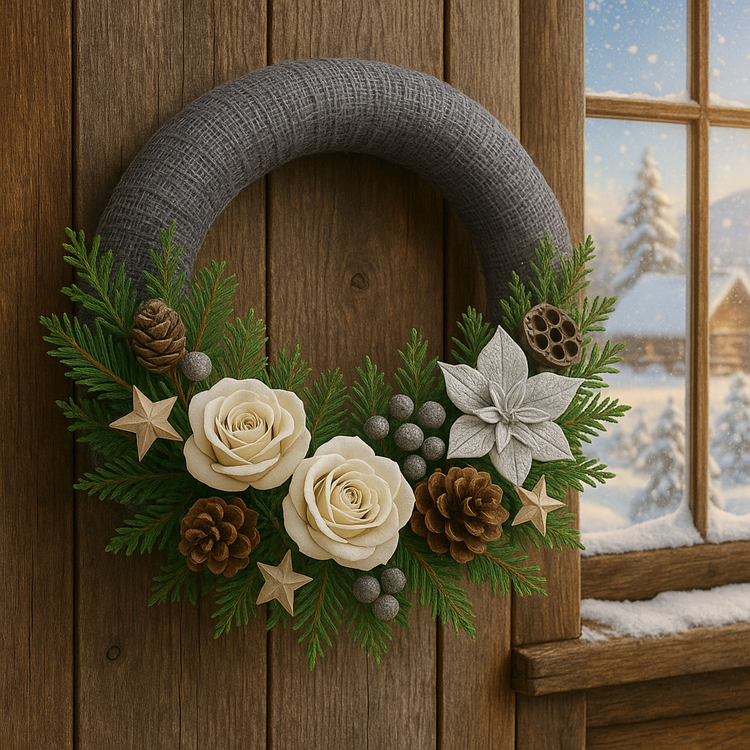 Wianek świąteczny na srebrnej jucie – kremowo-srebrny z nutą złota, róże, poinsecje, szyszki, tuja i lotosy