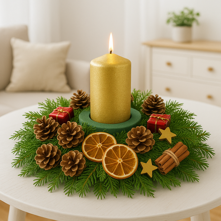 Zestaw DIY Stroik Świąteczny De Lux – Złota Świeca, Czerwone Prezenciki, Naturalne Szyszki, Pomarańcze i Gwiazdki 