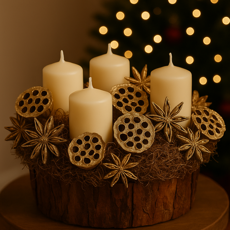 Zestaw DIY GrandDeco – złote lotosy, anyż i korzonki dekoracyjne | Naturalny komplet do stroików i dekoracji świątecznych