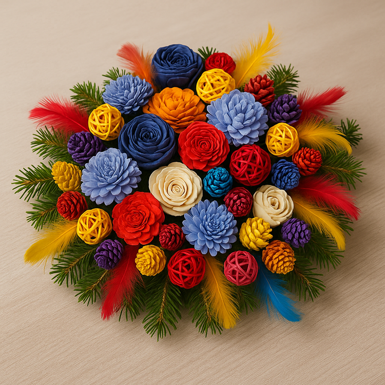 Zestaw do dekoracji DIY 10 kolorów • szyszki, piórka, kulki ratan, kwiaty shola • prezent box