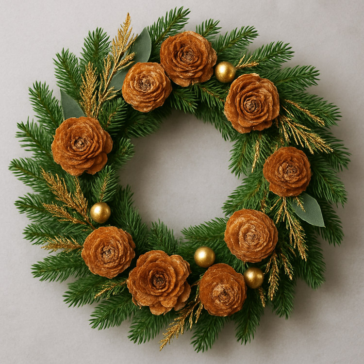 Naturalny wianek świąteczny z kwiatami shola i złotymi akcentami 25–30 cm